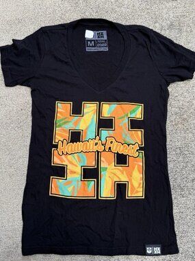 Hawaiis Finest Womens Shirt Black Orange Hawaiian Sun Inspired V Neck Medium